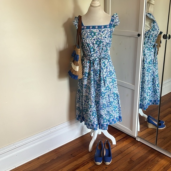 Talbots Blue and White Floral Square Neck Midi Dress Flutter Sleeves -NWT- 14P - Picture 9 of 11
